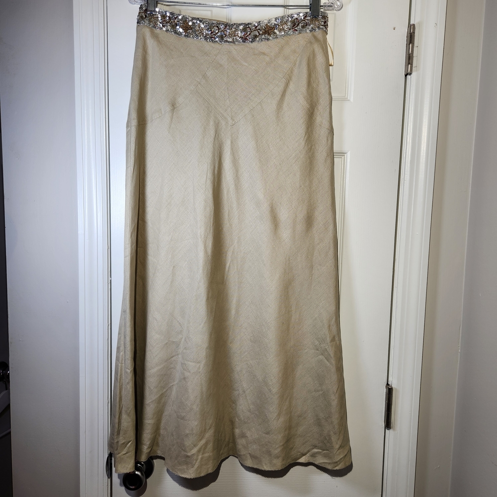 100% Linen Tan A Line Maxi Skirt  Gold & Silver Sequin Waistband Womens Size 4